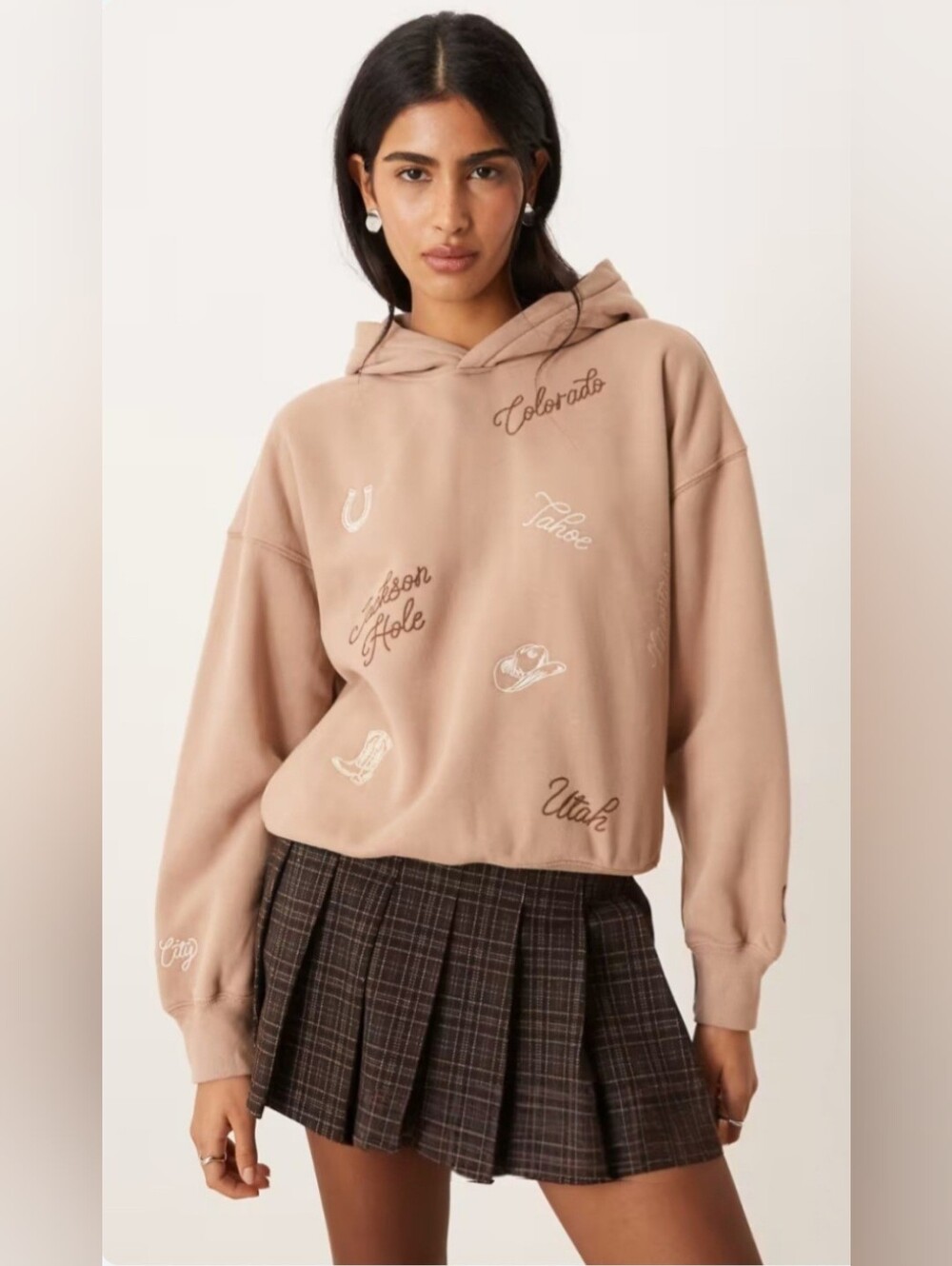 Abercrombie & Fitch Beige Western Embroidered Graphic Hooded Sweatshirt